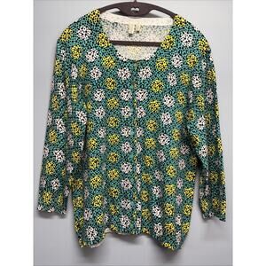 Madison Teal/Yellow/Black Print Long Sleeve Sweater Large Button Front Cardigan